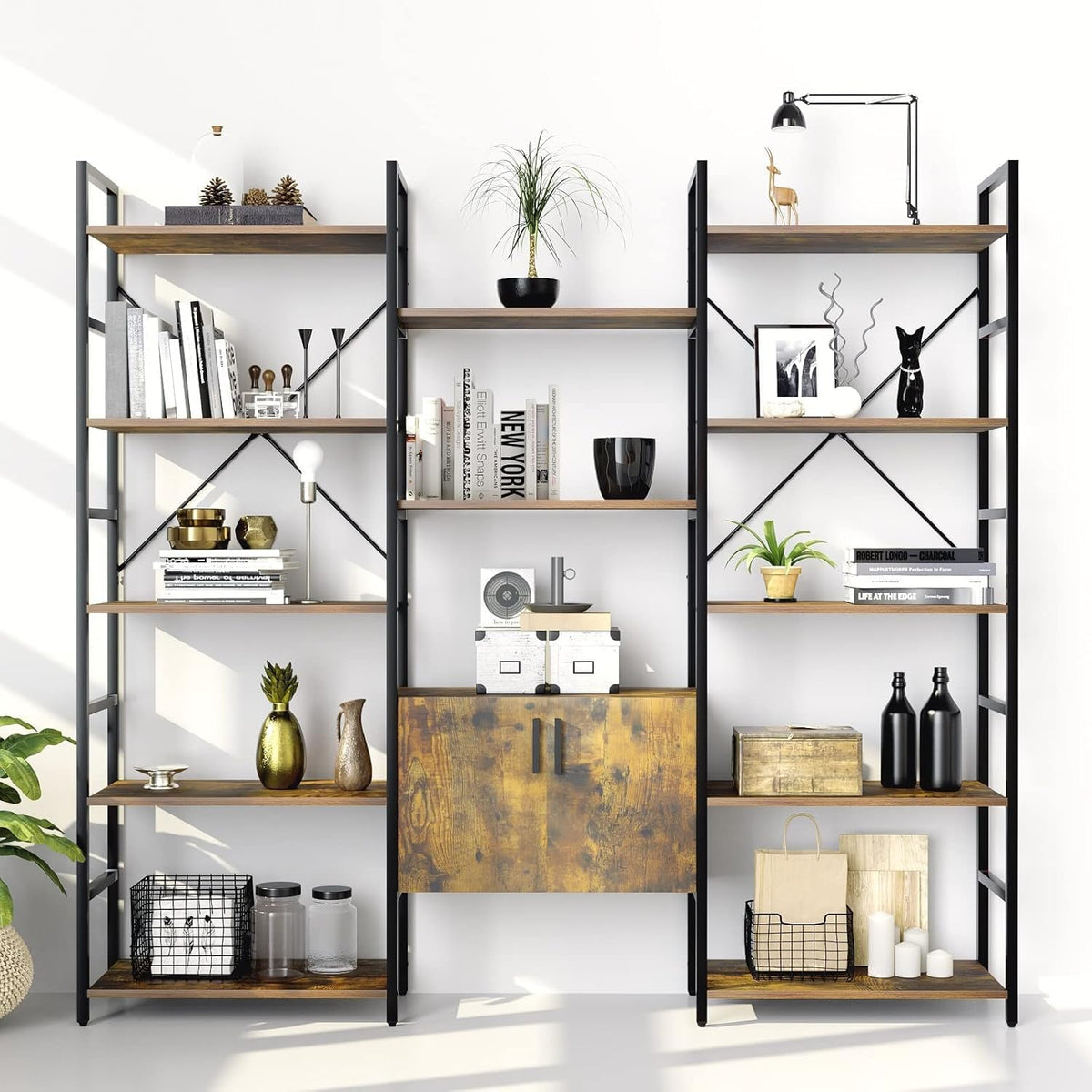 5-Tier Wood and Metal Bookshelf with Cabinet Z6493