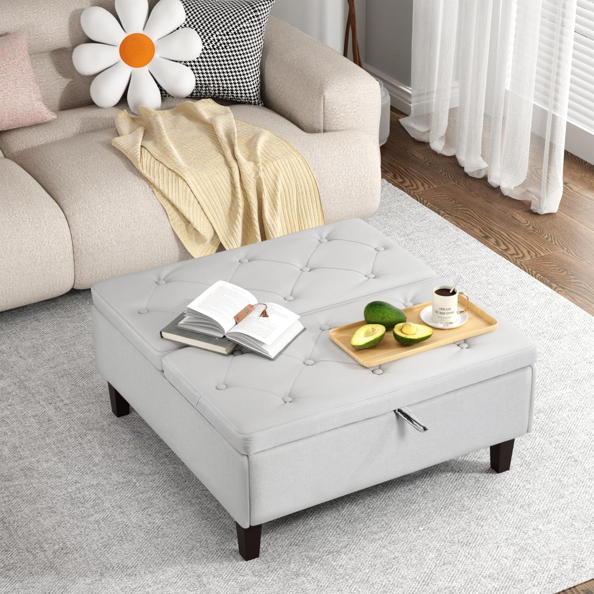 Light Gray Linen Square Storage Ottoman J280