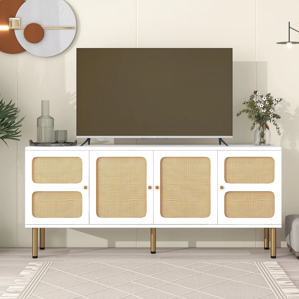 White Rattan TV Stand with Gold Metal Base S660086