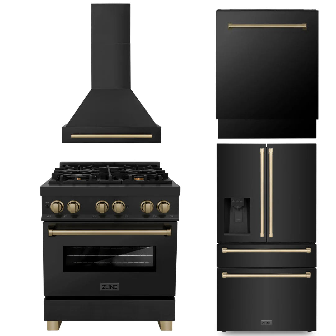 30 Dual Fuel Range, Range Hood, Refrigerator, Dishwasher in Black S543