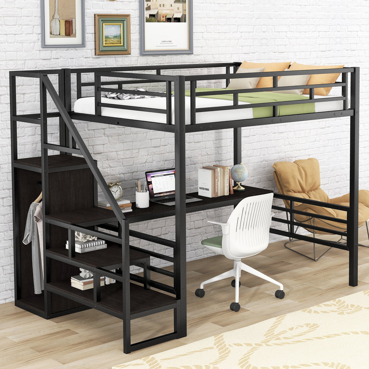 Full Size Black Metal Loft Bed with Storage Staircase and Desk W4794