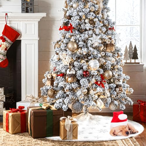 Christmas Tree Skirt 36 Inch Plush Gold Sequin Snowflake B35196