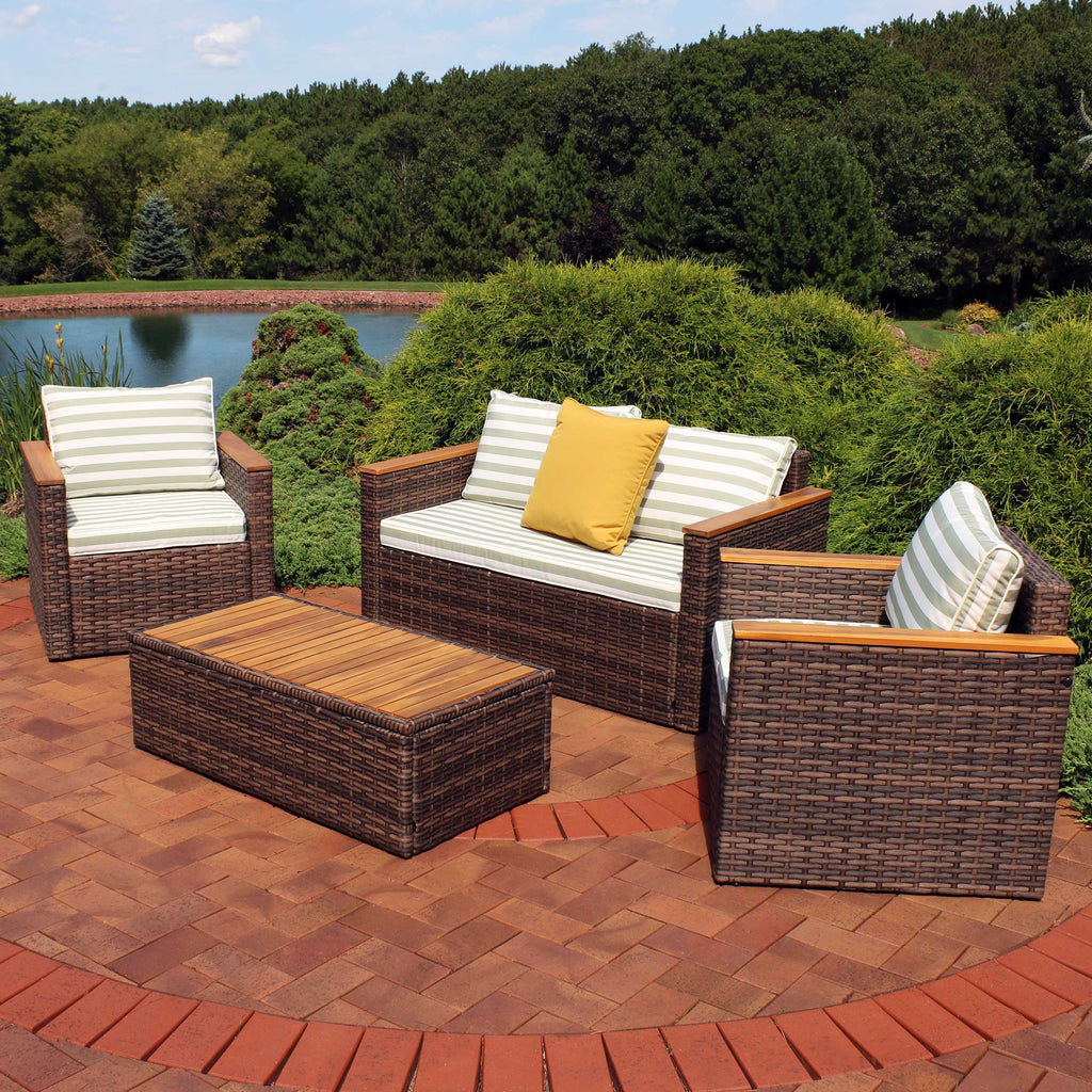 Rattan and Acacia Wood 4pc Patio Conversation Furniture Set with Cushions J533738