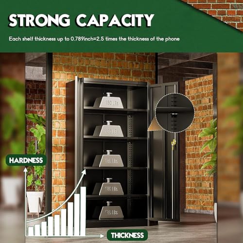 72" Black Locking Metal Storage Cabinet with Doors and 4 Adjustable Shelves W1380