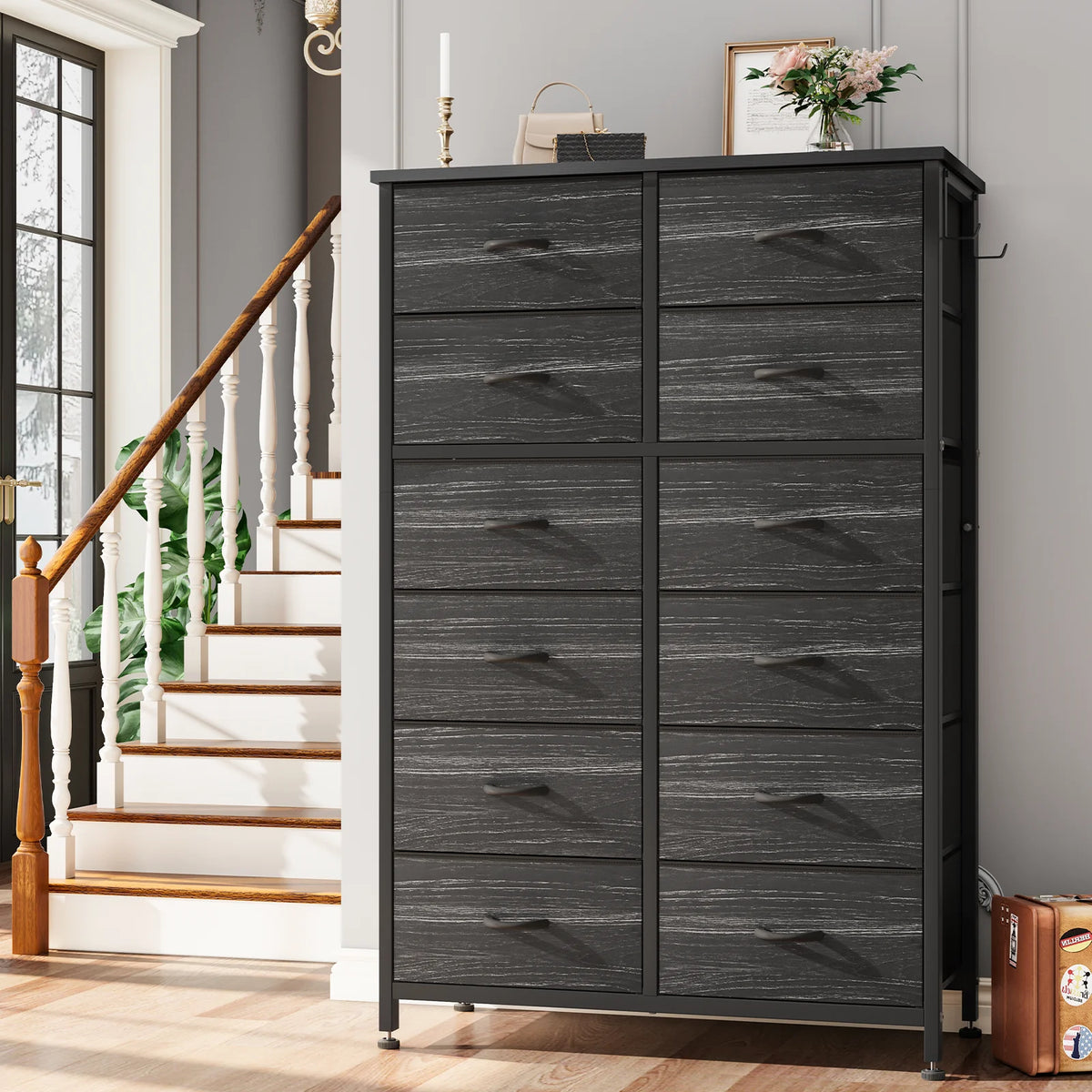 Brown 12 Drawer Fabric Dresser with Steel Frame and Wooden Top S55331