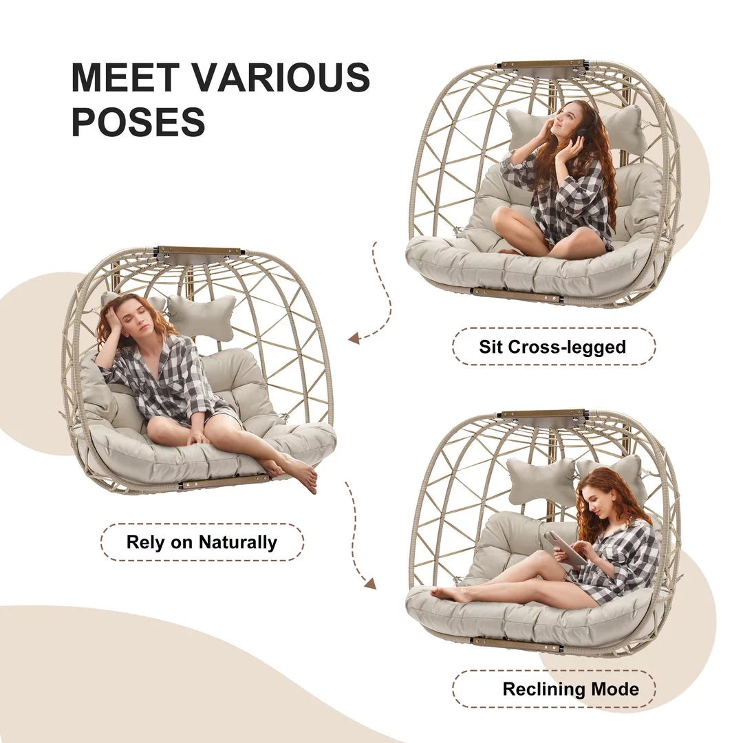 Beige Wicker Double Egg Chair with Stand F420