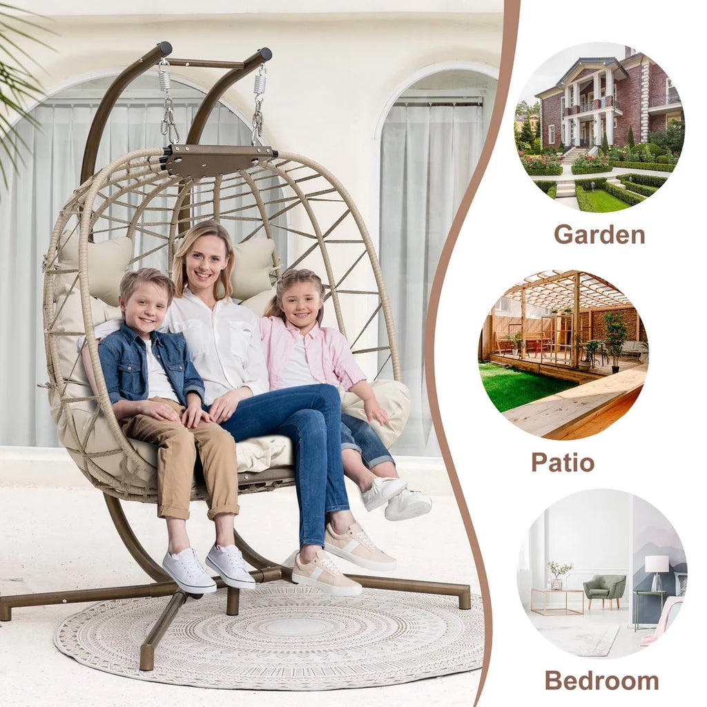 Beige Wicker Double Egg Chair with Stand F420