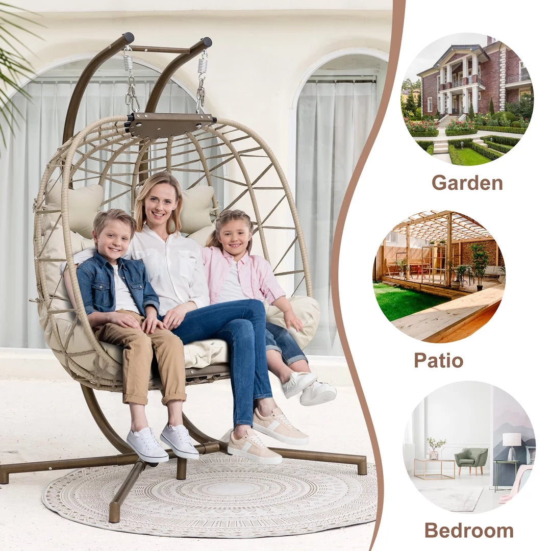 Beige Wicker Double Egg Chair with Stand F420