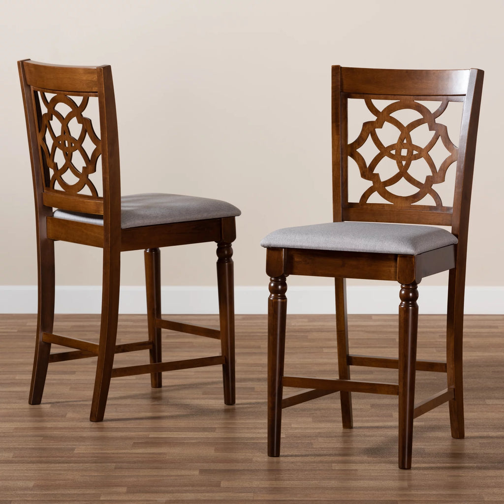 Grey Fabric Upholstered Walnut Brown Wood 2-Piece Counter Height Pub Chair Set E91903