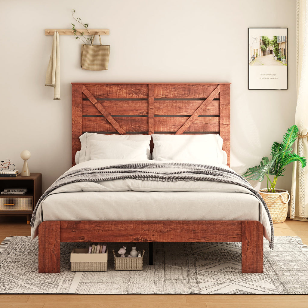 Queen Size Dark Brown Wood Platform Bed with Headboard Q25914