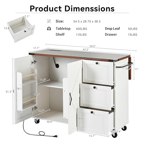 White Kitchen Island with Drop Leaf and Drawer G27147