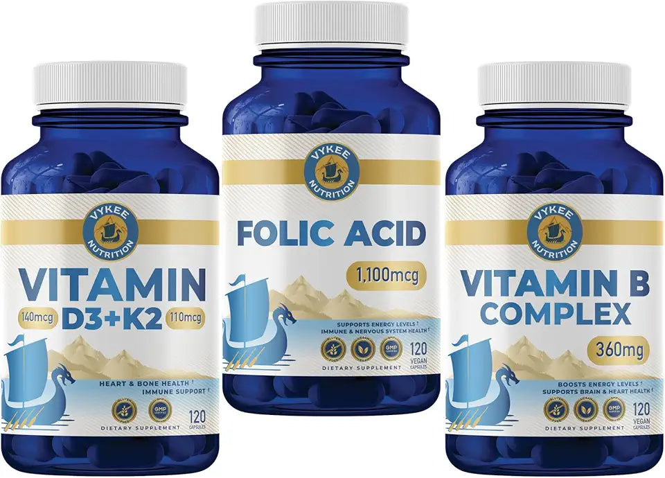 Folic Acid, B Complex & Vitamin D3 K2 Vegan Non-GMO 3-Pack U22692