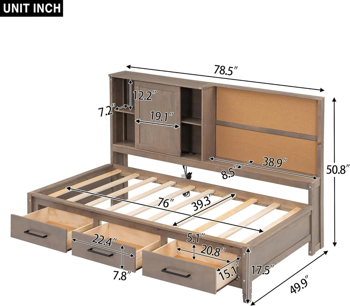 Twin Size Wood Daybed with Storage Drawers and USB Ports I3430