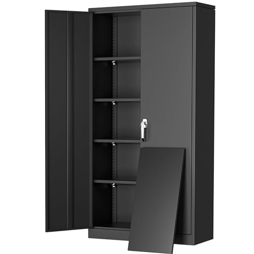72" Black Locking Metal Storage Cabinet with Doors and 4 Adjustable Shelves W1380