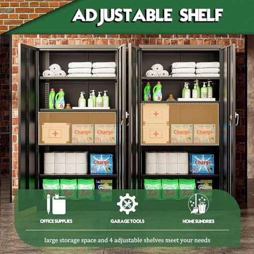 72" Black Locking Metal Storage Cabinet with Doors and 4 Adjustable Shelves W1380