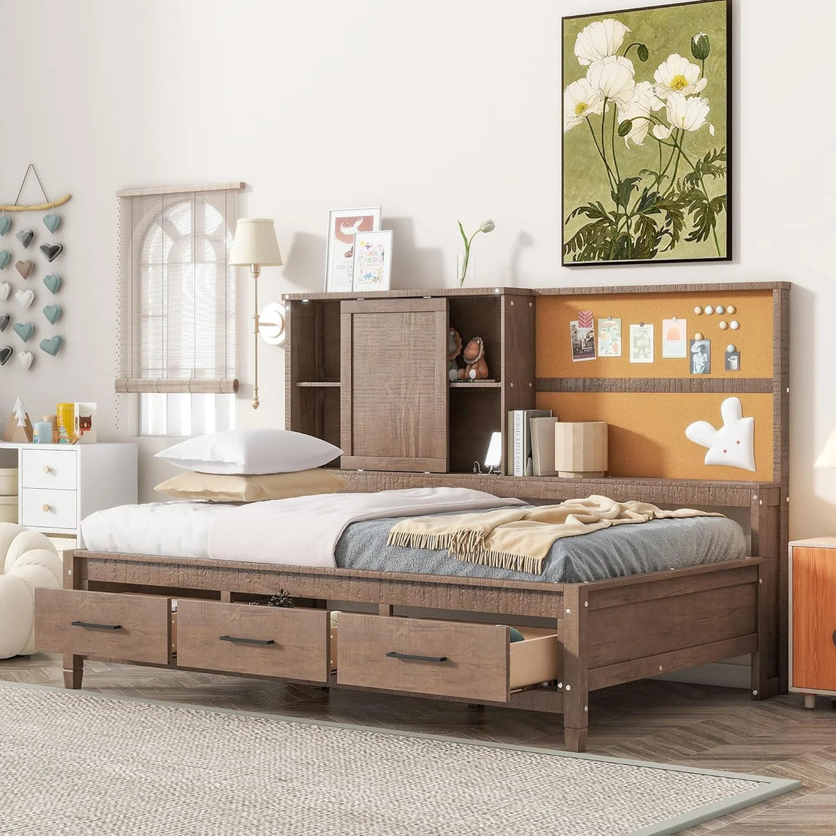 Twin Size Wood Daybed with Storage Drawers and USB Ports I3430