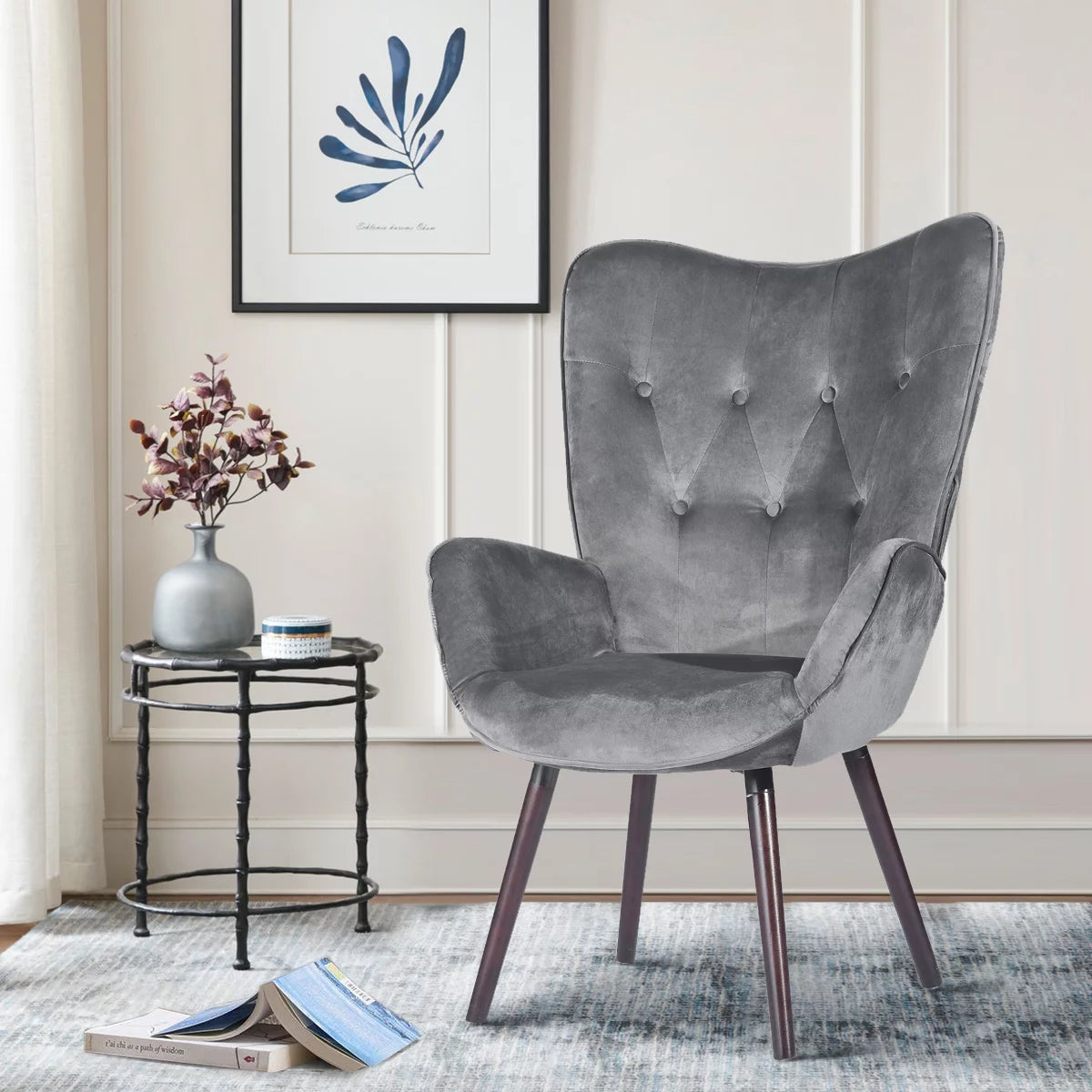Gray Velvet Tufted Wing Back Accent Chair K7284