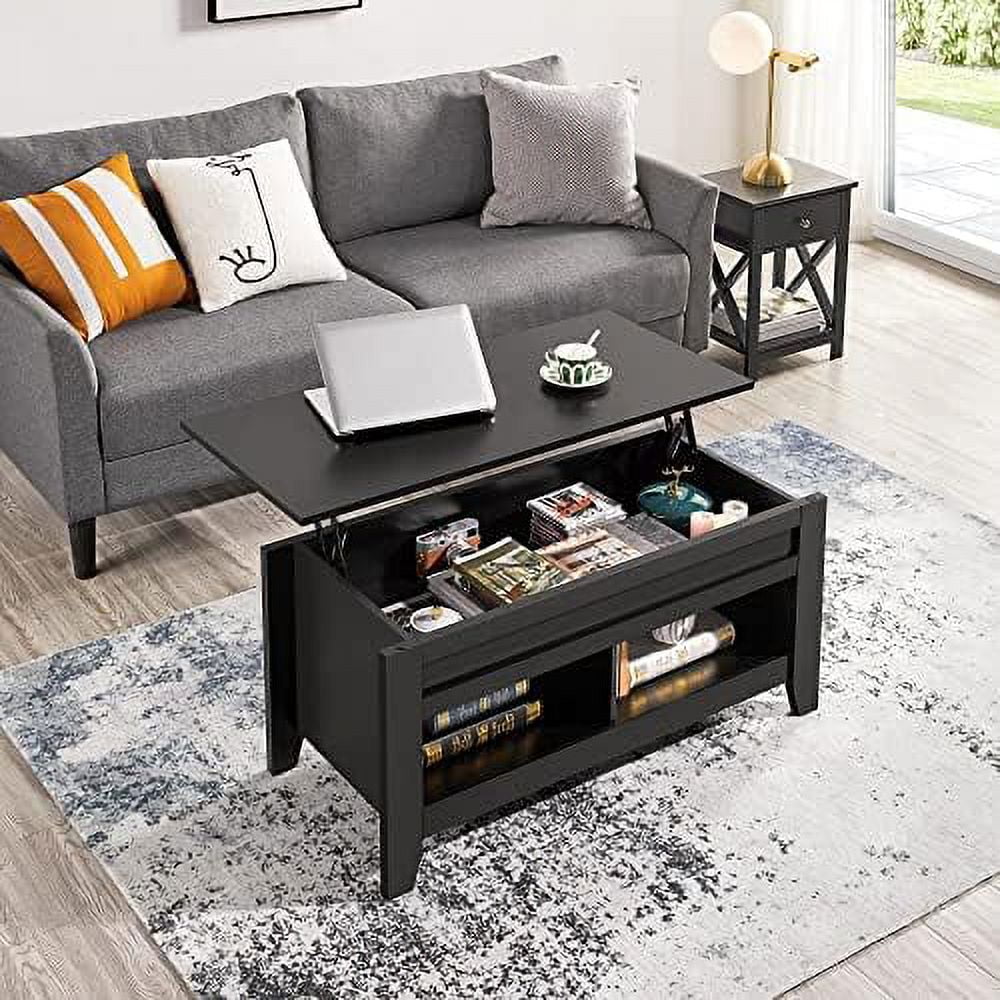 Black Wood Lift Up Coffee Table with Hidden Storage and 2 Open Shelves P1042