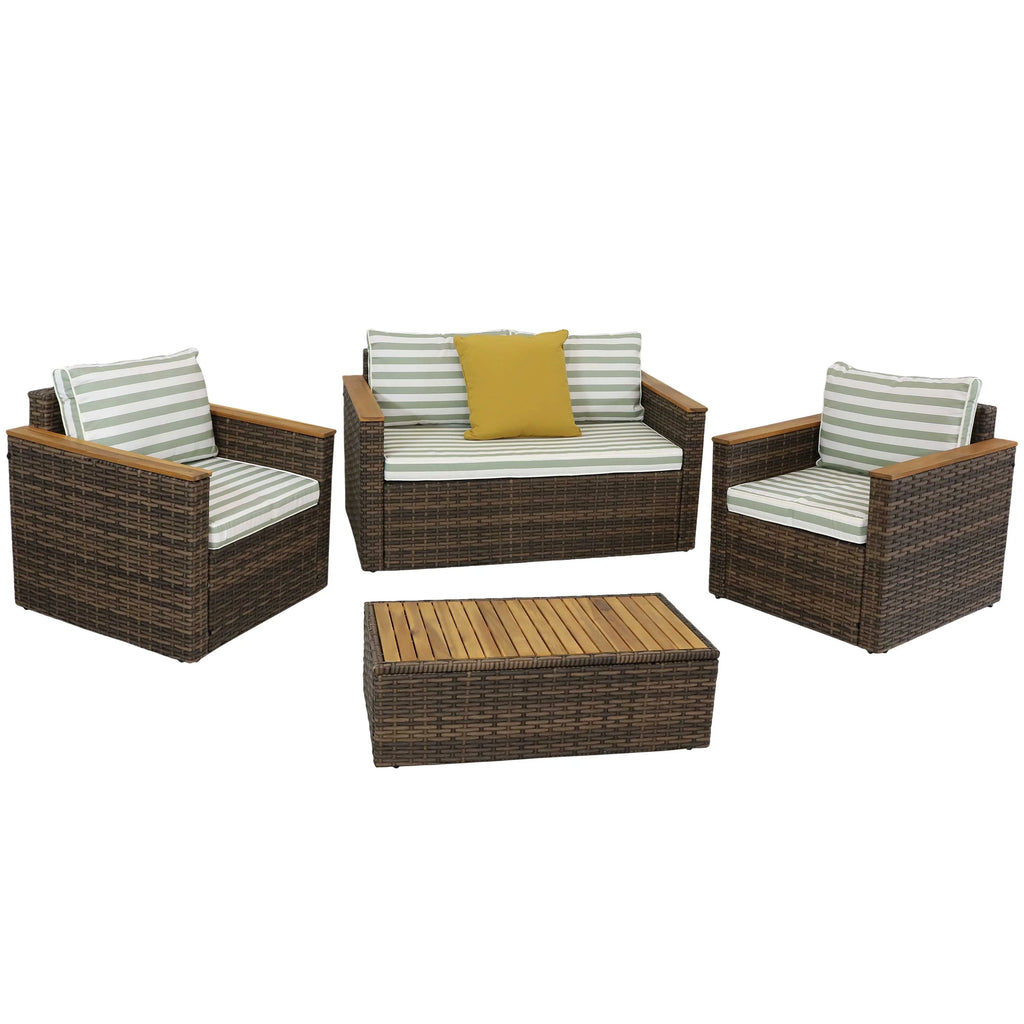 Rattan and Acacia Wood 4pc Patio Conversation Furniture Set with Cushions J533738