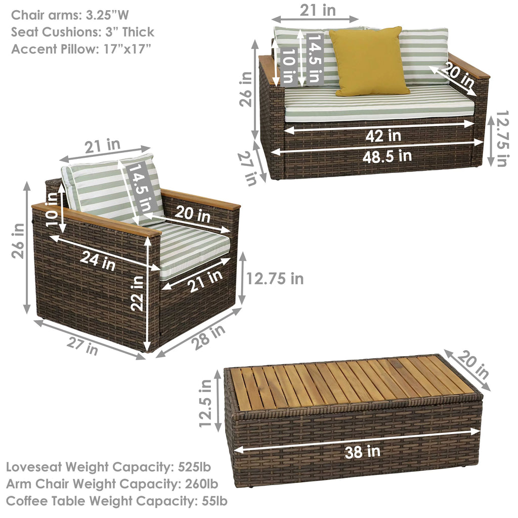 Rattan and Acacia Wood 4pc Patio Conversation Furniture Set with Cushions J533738