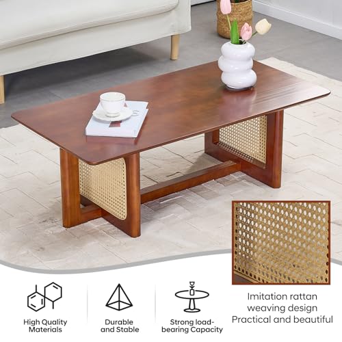 Rattan Coffee Table, 42.5 Inch Rectangular Solid Wood Table M133