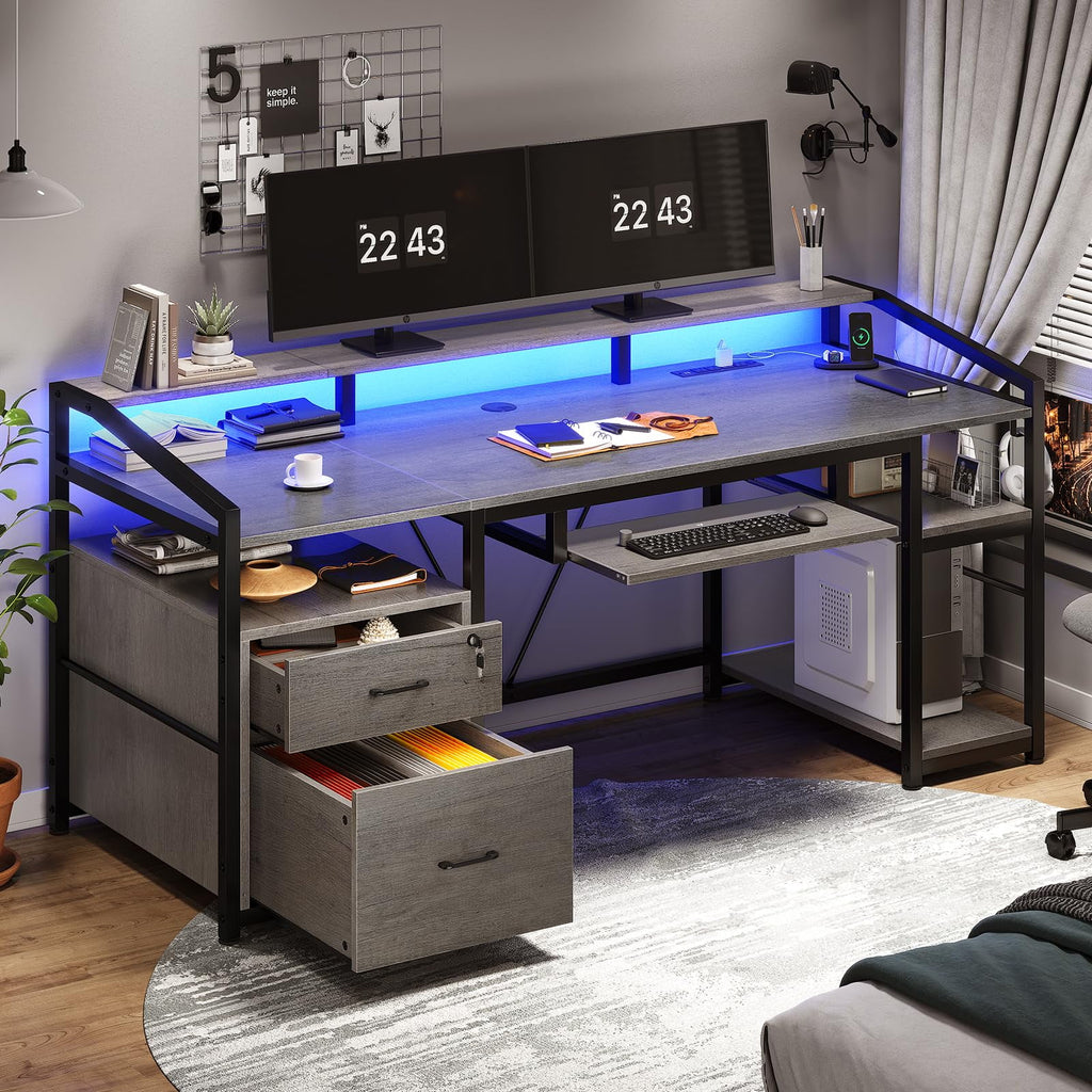63" Gray Computer Desk with Lock Drawers W2894