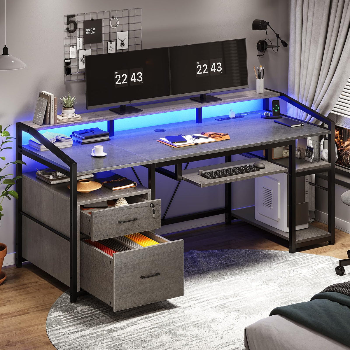 63" Gray Computer Desk with Lock Drawers W2894