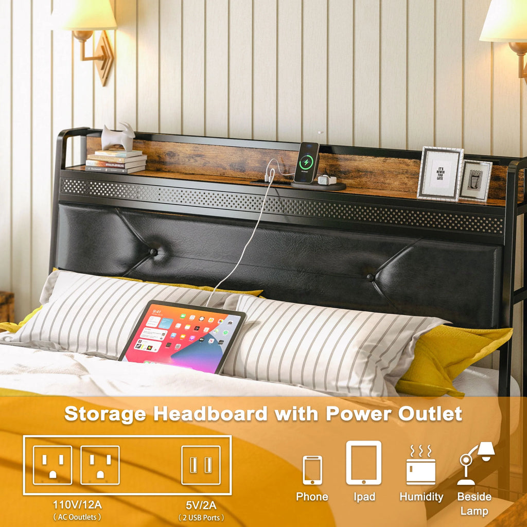 Queen Bed Frame with Upholstered Headboard and 4 Storage Drawers D95512