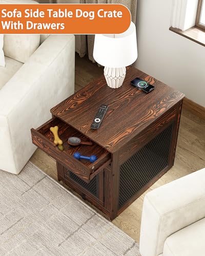 Wooden Dog Crate End Table with Storage Drawer R19794